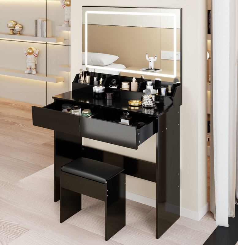 31" x 20" Extra Large LED Mirror Makeup Vanity Table + Soft Cushion Stool Suit, Touch Switch, 3 colors, Adjustable Brightness, Large Capacity Storage, Compact Dressing Table Suitable For Small Space