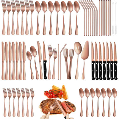 Ensemble de couverts 69 pièces en acier inoxydable avec couteaux à steak, ustensiles de service et pailles en métal pour 8, finition or rose poli miroir, vaisselle durable et élégante