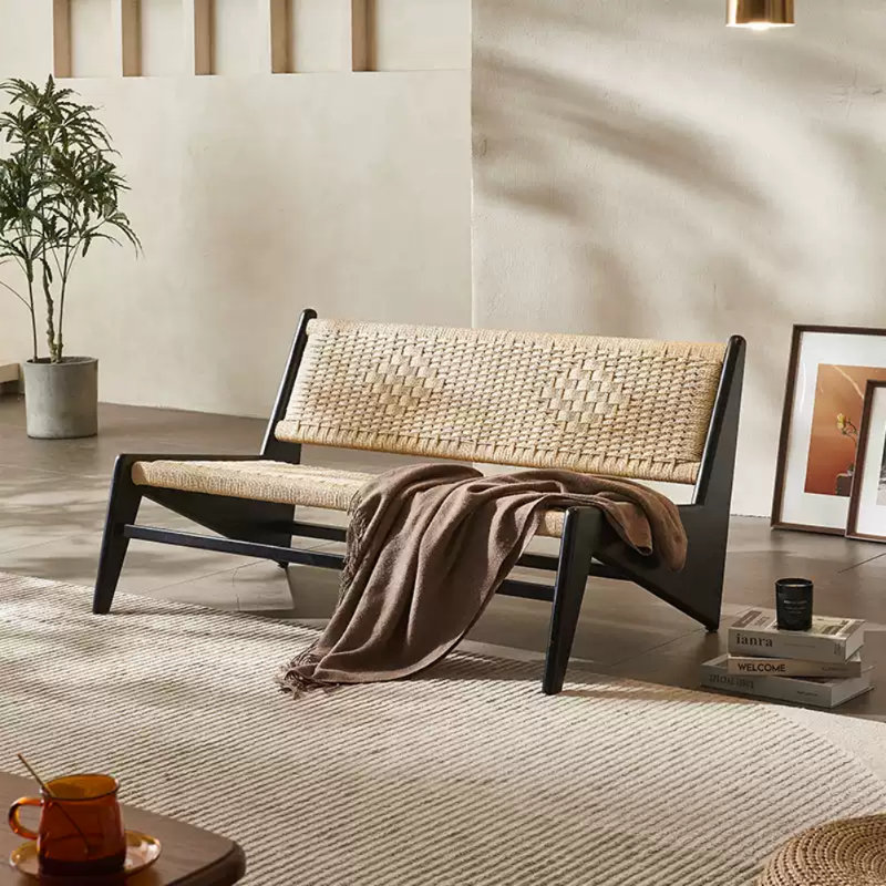 Banc moderne en rotin simple, Noir; beige