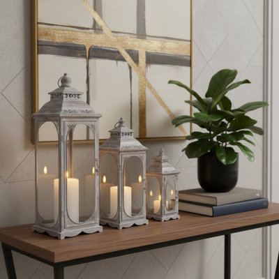 Set of Three Clear And Gray Glass And Metal Tabletop Lantern Candle Holders
