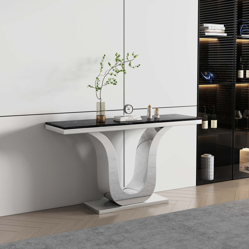 50'' Marble Top Console Table, Silver, Black