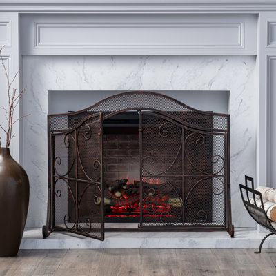Contemporary Fire Protection Screen, Iron, 31.17" H X 43.25" W, Fine Mesh, Matte Iron Screen With Design, Easy Access, Copper