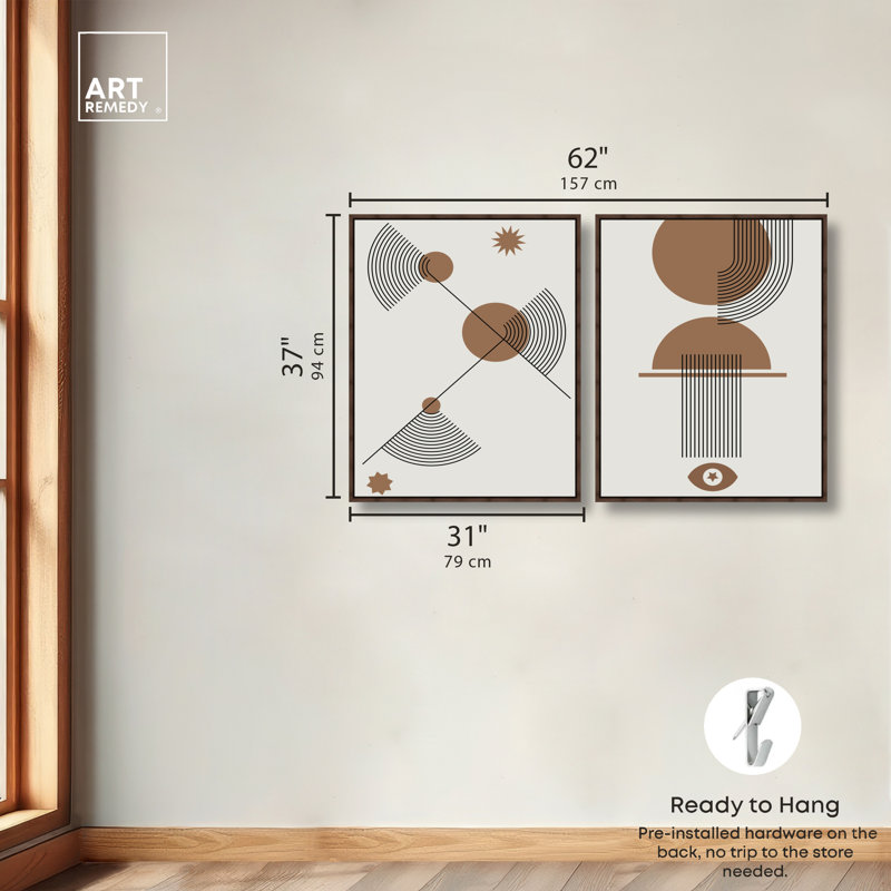 Ensemble de décorations murales abstraites boho encadrées par Art Remedy, cadre en noyer, 30 x 36, Walnut Frame, 37"H x 31"W