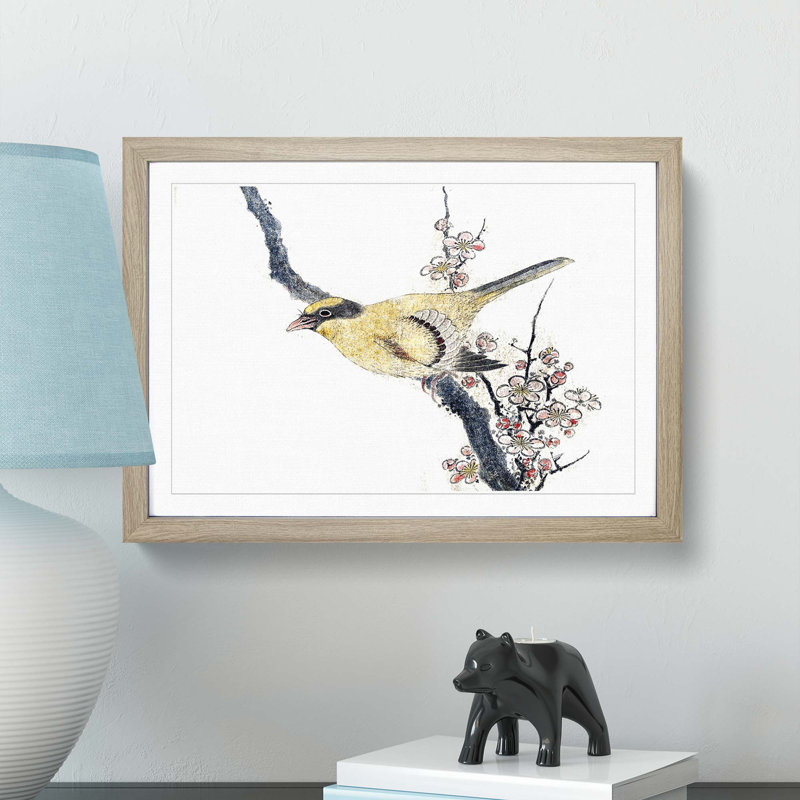 Bird on a Branch by Katsushika Hokusai - Picture Frame Painting Print, Oak Framed, 27cm H x 36cm W x 2cm D