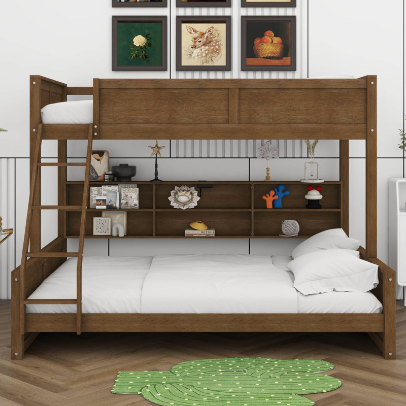 Lit simple superposé au-dessus de grand lit simple avec armoires de rangement et ports USB, cadre de lit superposé en bois massif avec échelle et garde-corps