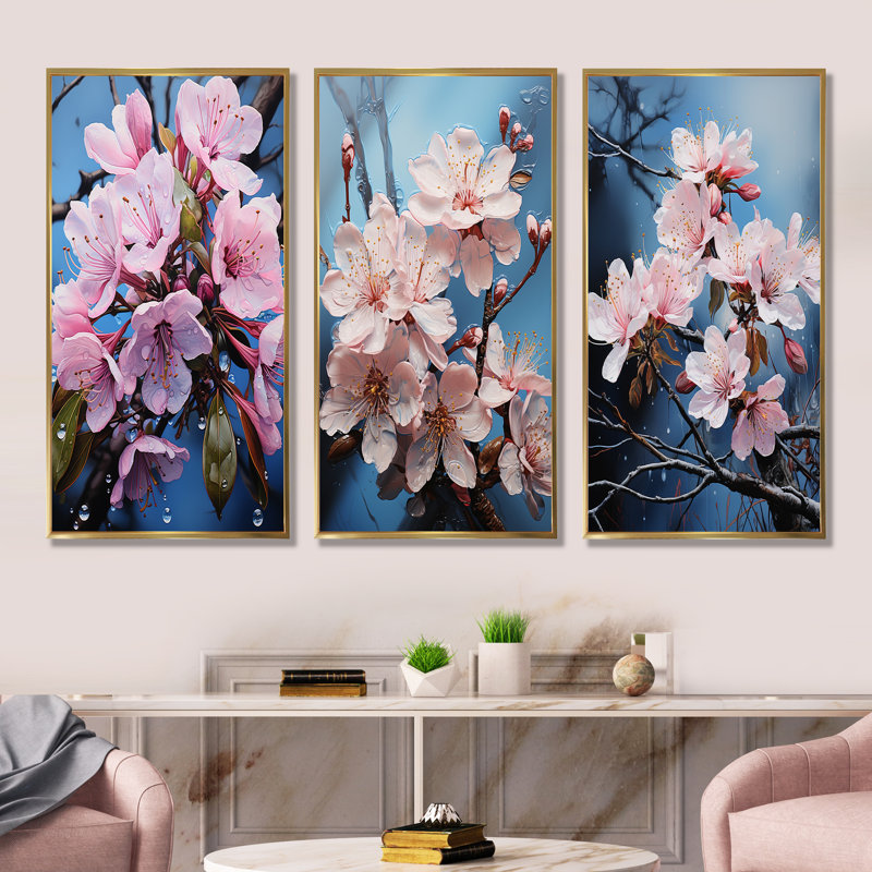 «Pink Celestial Blooms Radiance - Rhododendron», ensemble de 3 reproductions d'art sur toile, Cadre flottant doré