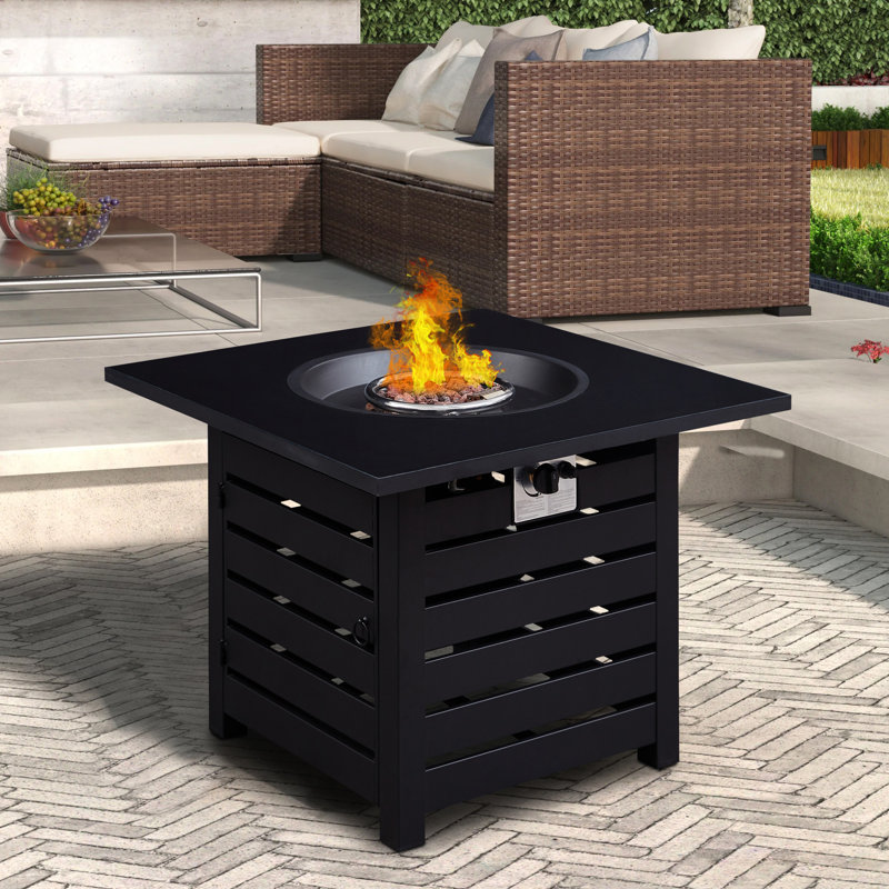 Table de foyer avec allumage automatique 50 000, carré de 32 pouces, gaz propane, table de gaz carrée texturée pour la détente en plein air avec allumage, housse imperméable, cadre et carrelage, rassemblements de terrasse appropriés