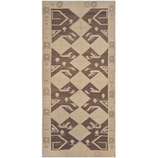 Tapis d'intérieur brun / beige en laine noué à la main de conception unique