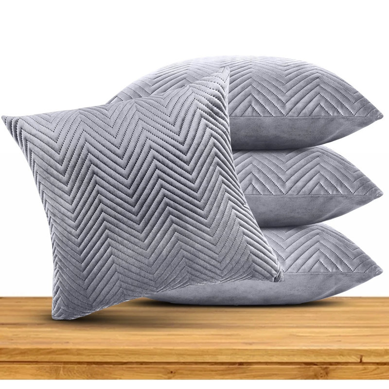 Embossed Quilted Chevron Decorative Cushion Cases - Set of 4 Modern Couch & Bed Décor Velvet Throw Pillow Covers , Grey