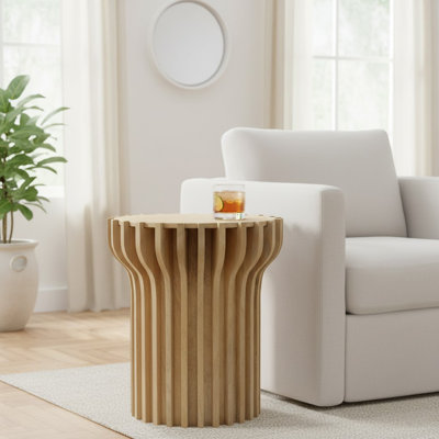 Decorative Travertine Accent Table With Wodden Carved Base - Modern Narrow Round Side Or End Table For Living Room Styling - 25", White