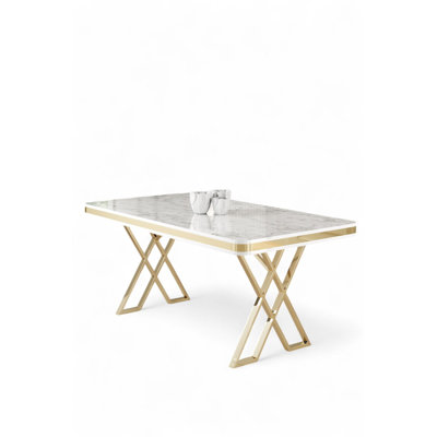 Modern Dining Table with White Marble & Gold Finish, 51.2 x 29.1 x 31.1 inches | 100% Lacquer Panel with Sturdy Metal Legs | Elegant Design for Glamorous Dining Spaces, Durable & Stylish Furniture
