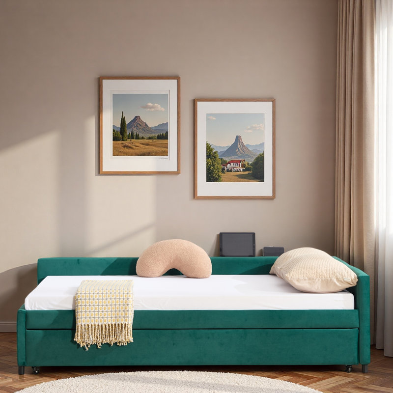 Upholstered Daybed With Trundle And Usb, Emerald