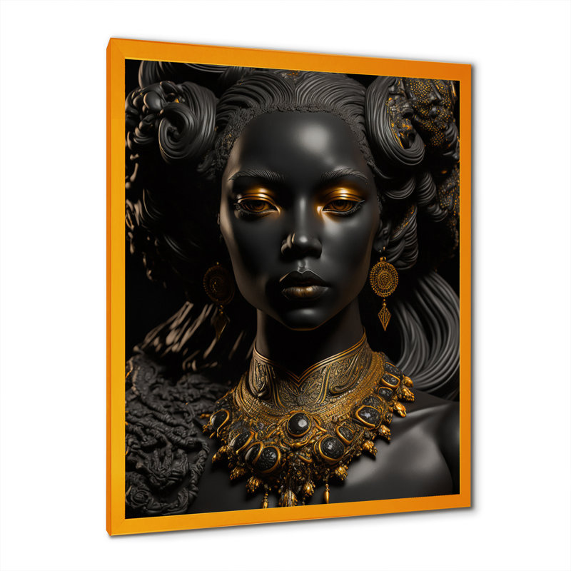 Gros plan, déesse africaine, noire et dorée, sur toile, Encadrement doré, H 44 po x l 34 po x P 1,5 po