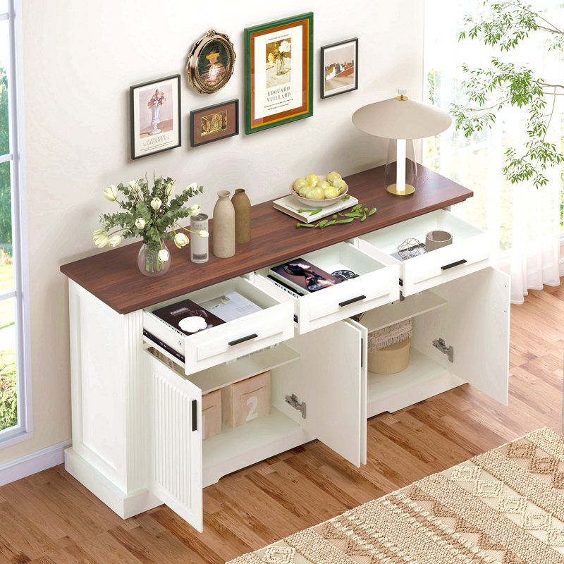 63" Fluted Sideboard Buffet Cabinet With Storage, Modern Coffee Bar Station With 4 Doors And 3 Drawers, Kitchen Storage Console Table