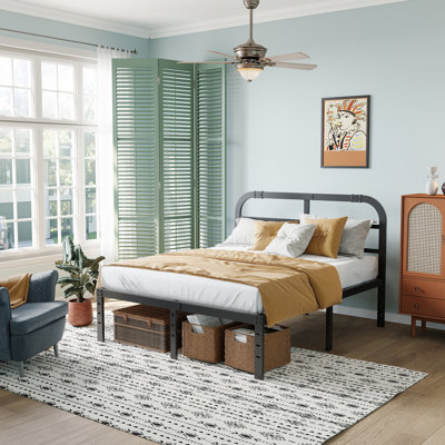 14-Inch Queen Size Black Metal Platform Bed with Modern Headboard, Heavy-Duty Steel Support, Underbed Storage, No Box Spring Needed