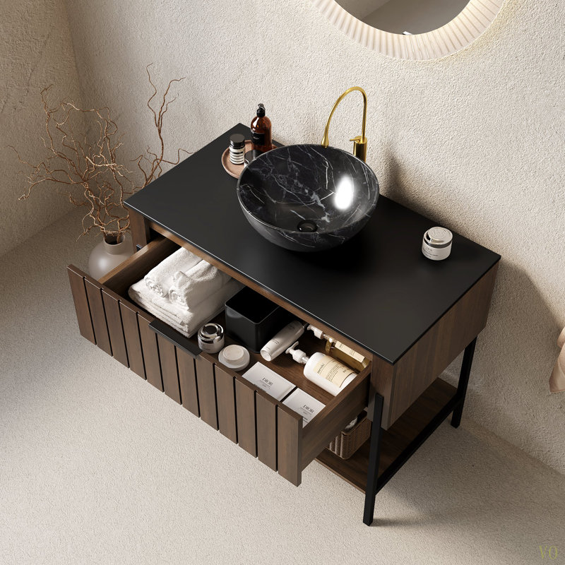 Meuble-lavabo autoportant à rayures avec lavabo et tiroir en céramique ZENO 36 "avec lavabo, pré-assemblé
