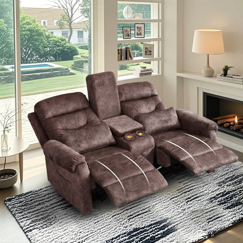 Causeuse inclinable manuelle 65,7 po avec console de rangement et porte-gobelets, Lin brun