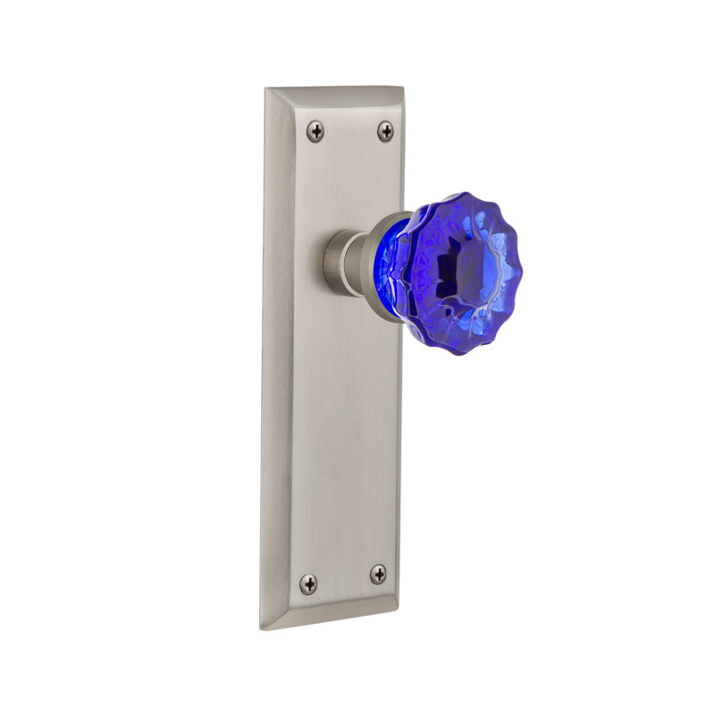 New York Plate with Crystal Cobalt Door Knob, Satin Nickel