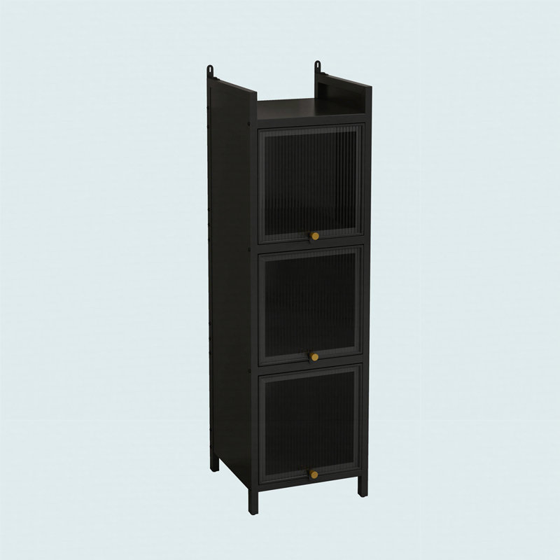 Modern Three-Tier Glass Door Cabinet, Black