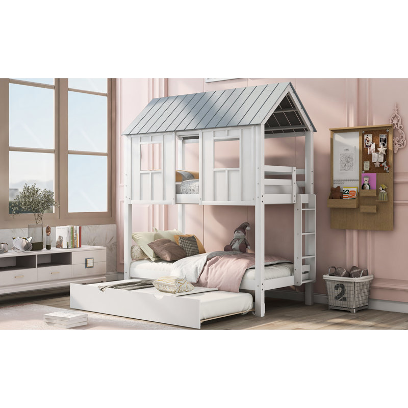 Lit simple superposé avec lit gigogne, toit et fenêtres, blanc et gris, coffre-fort pour le sommeil
