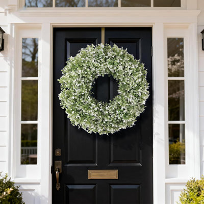 26" Artificial Boxwood Wreath For Front Door - Large Faux Aglaia Odorata Wreath, Fake Eucalyptus Leaves Plants For Wall Window Farmhouse Outdoor Decor - Spring, Summer, All Seasons (White-Green)