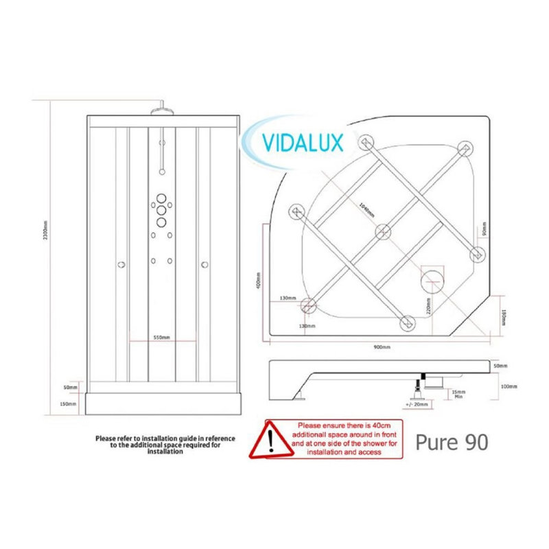 Vidalux Pure 1000 x 1000 White Shower Cabin, White, 230.00cm H x 90.00cm W x 90.00cm D