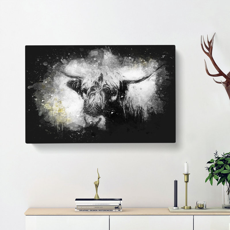 Paint Splattered Highland Cow - Wrapped Canvas, 50cm H x 76cm W x 3cm D