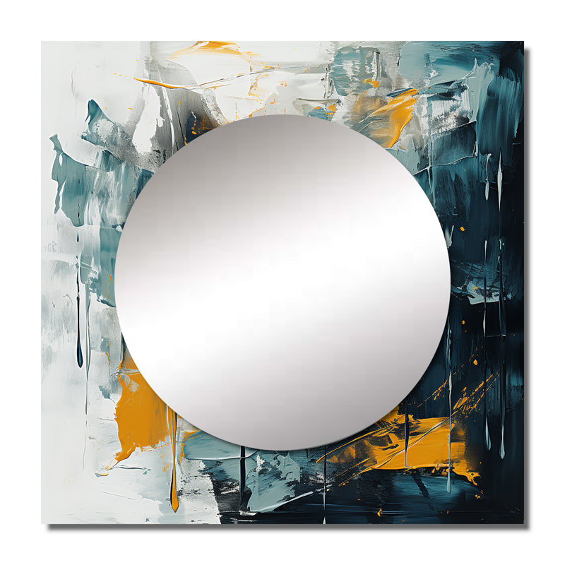 «Bliss Of Happiness In Yellow And Blue III - Abstract Collages Square Mirror Wall Art for Bathroom, 23 po x 23 po