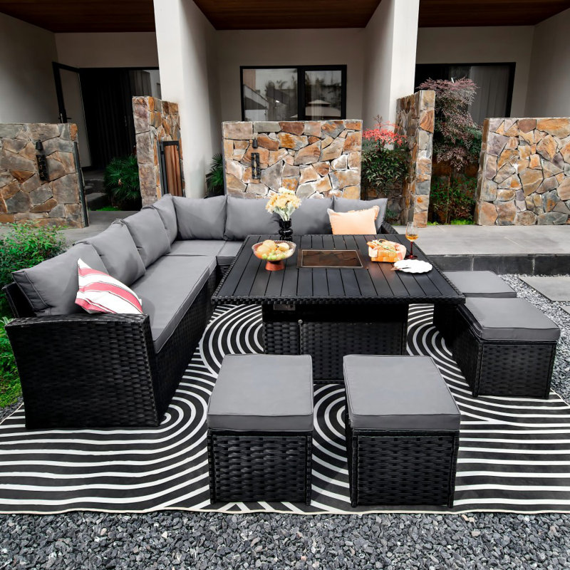 Outdoor Gallager All Weather Wicker 11 - Person Seating Group, 9 Pieces: Left/Right Sofa, Corner, 4 Stool, Table