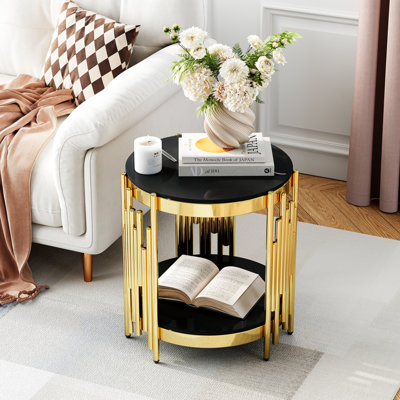 19.69" Round End Table, Two-Tier Tempered Glass And Irregular Cylindrical Stainless Steel Frame by Brayden Studio