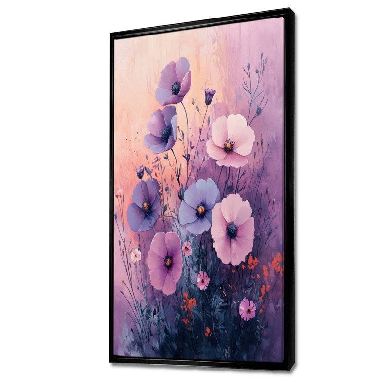 Wildflower Dreams In Violet Surréalisme I - Art mural fleurs sauvages, H 60 po x l 28 po, Reproduction avec cadre flottant