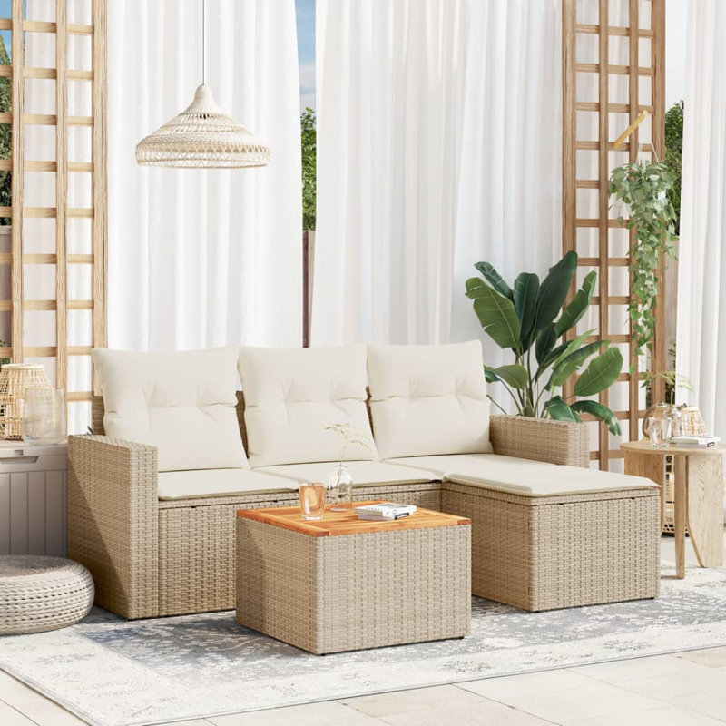 Ensemble de canapé de jardin Vidaxl, rotin poly beige, coussins crème, bois d'acacia brun