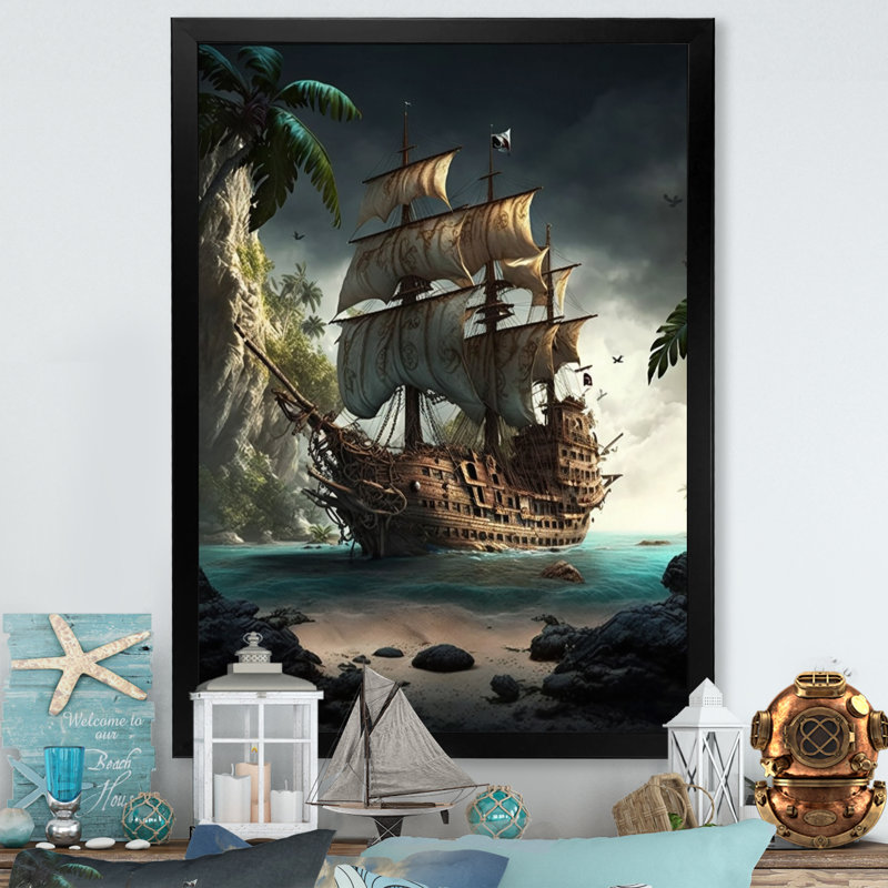 Bateau pirate sur l'océan - reproduction sur toile, Impression noire sur toile encadrée, H 40 po x l 30 po x P 1,5 po