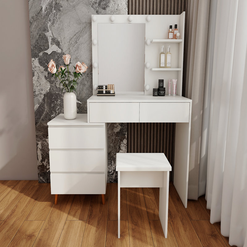 Coiffeuse à maquillage avec miroir à DEL - coiffeuse de beauté blanche avec tiroirs de rangement, tabouret assorti et compartiments de rangement pour les pinceaux de maquillage et les cosmétiques