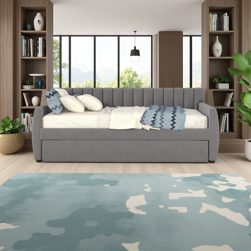 Upholstered Daybed，Wood Slat Support, Gray
