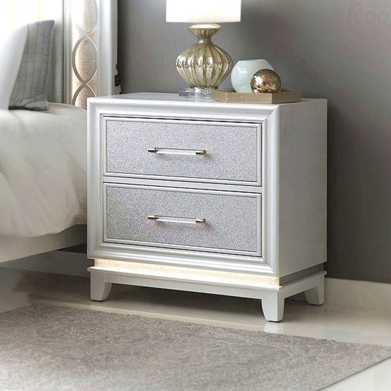 Table de chevet à 2 tiroirs, blanc nacré avec lumières DEL