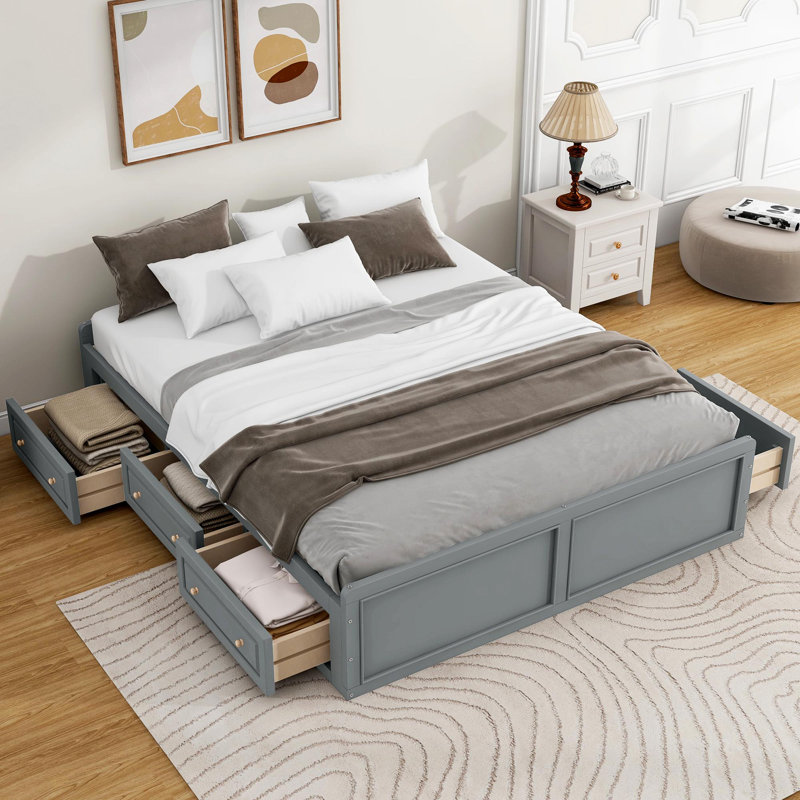 Structure de lit plateforme en bois avec 6 tiroirs, gris