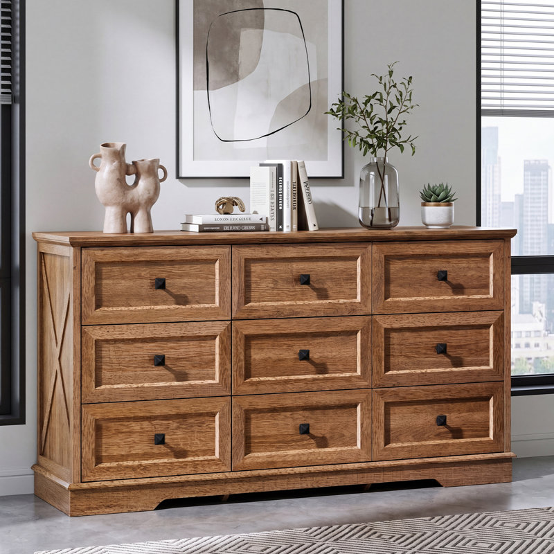 9 Drawer 59'' W Double Dresser for Bedroom,Living Room,Office, Natural Oak