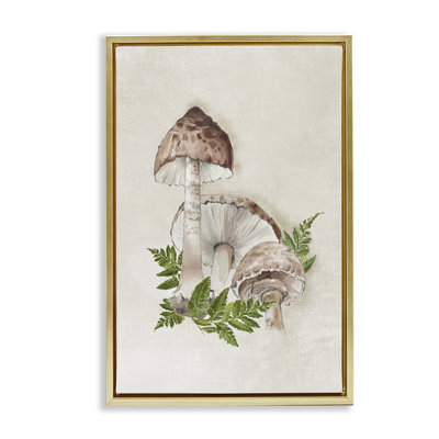 Toile flottante encadrée avec champignon et fougère beige par Eli Jones