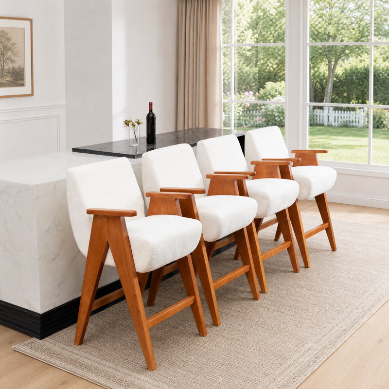 Mid-Century Upholstered Counter Bar Stool With Arms And Wooden Legs, Beige