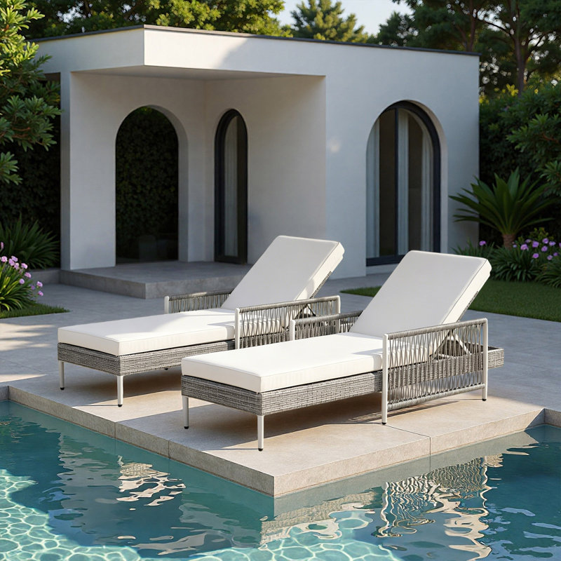 Chaise longue d'extérieur inclinable 77,5 po en rotin PE à 6 niveaux avec coussins (ensemble de 2), Grey, 2