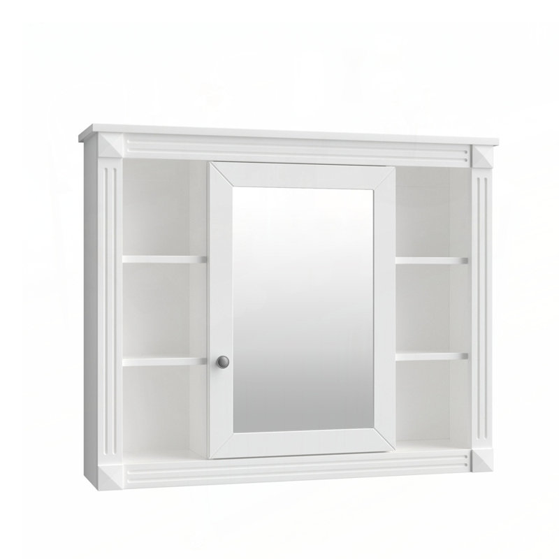 Armoire de rangement murale moderne avec miroir et 6 tablettes ouvertes pour salle de bain, Blanc