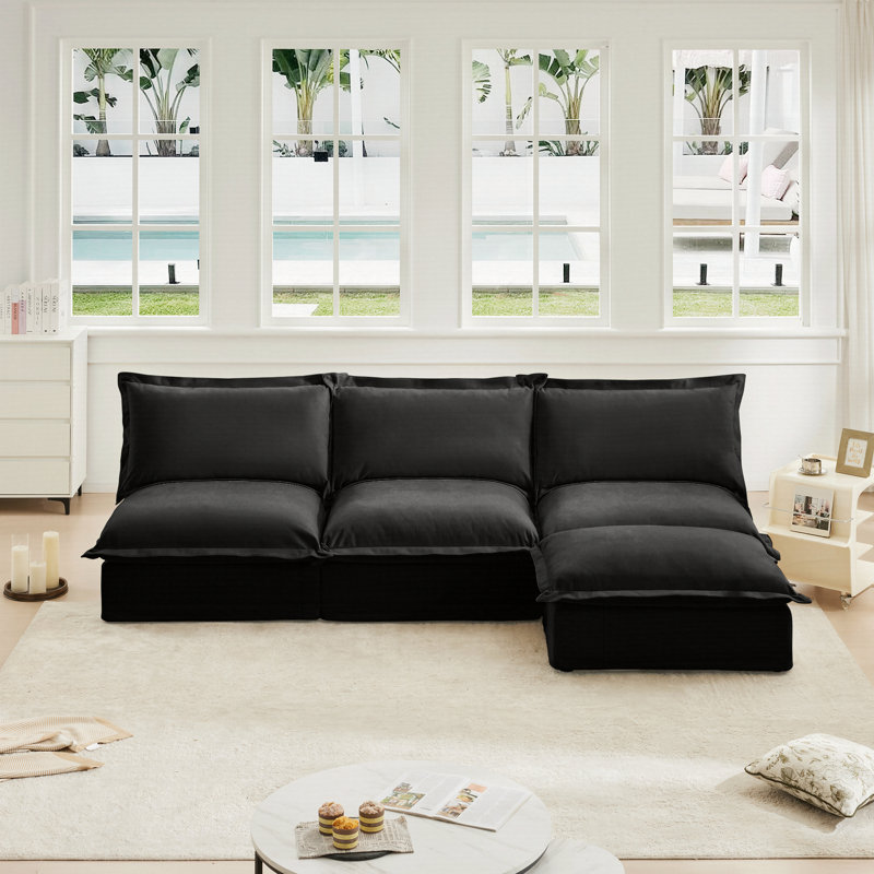 Canapé modulaire rembourré sans accoudoirs à 3 places avec repose-pieds réversible, canapé modulaire sans accoudoirs, Noir