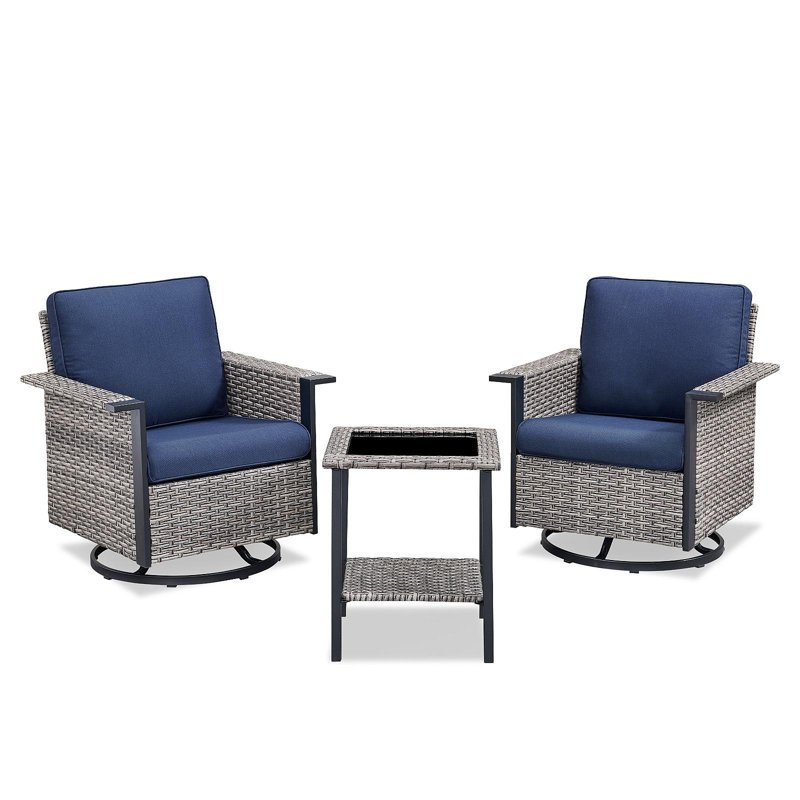 Ensemble de chaises berçantes pivotantes d'extérieur 3 pièces avec table d'appoint et chaises de patio coulissantes à accoudoirs larges pour porche ou terrasse