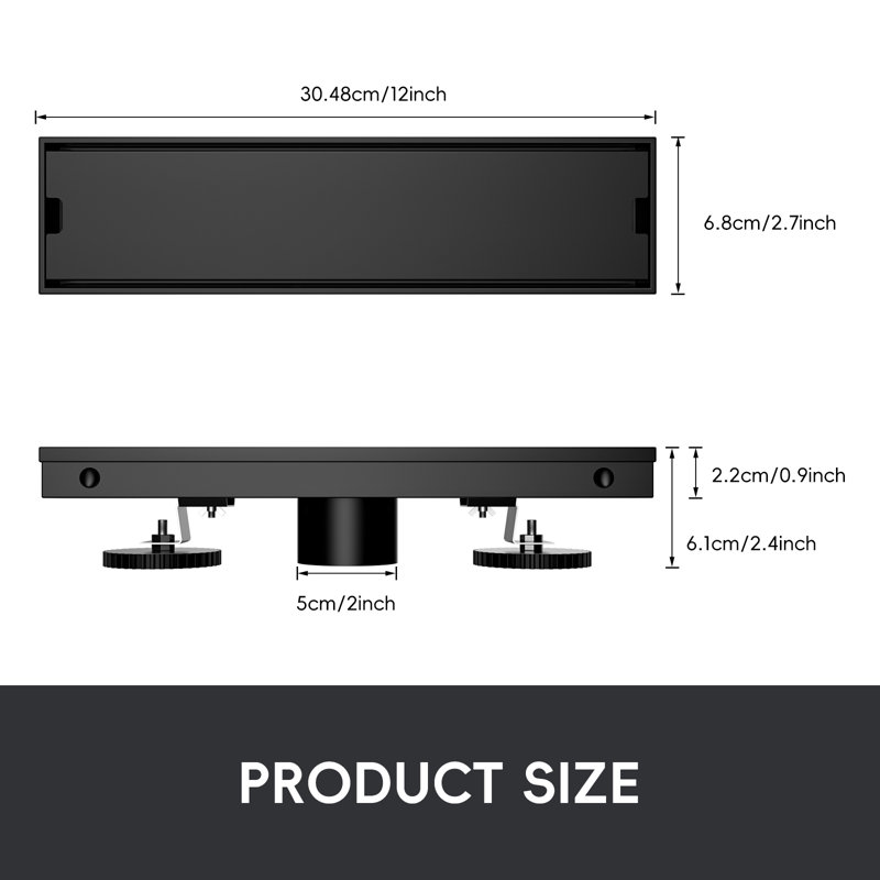 12 Inch Linear Shower Drain With Tile-In Pattern Grate, Matte Black