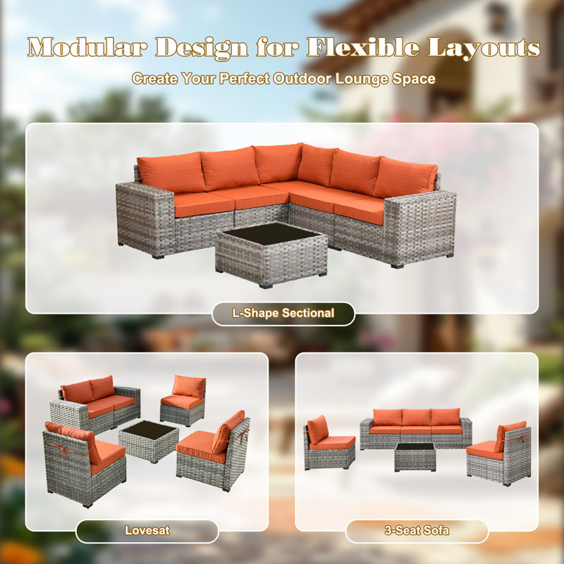 Bobia 7-Piece Modular Outdoor Sectional Sofa Set with 42'' Fire Pit Table, L-Shaped Patio Conversation Set for 5, Orange Red