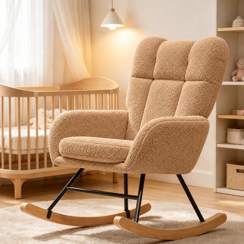 Chaise berçante moderne, chaise berçante texturée avec base en bois massif, Taupe chaleureux