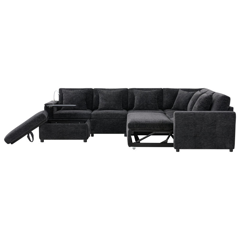 117*90'' Modular Sectional Pull-Out Sofa Bed With Flip-Up Table Panel, Black Chenille