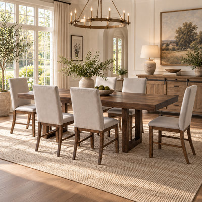 7-Piece Extendable Dining Set with 6 Upholstered Chairs, Butterfly Leaf Table, Brown & Gray