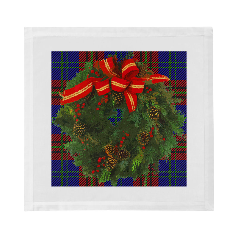 Christmas Wreath Cotton Sateen Dinner Napkins, Tartan Blue